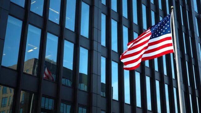 American flag waving proudly in front of modern corporate building
