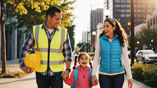 Family walking in city with safety vest
