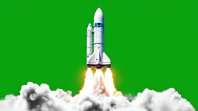 A powerful and detailed 3d render of a space shuttle launching with massive smoke and fiery exhaust against a vibrant chroma key green screen background.
