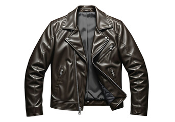 Black Leather Jacket with Zipper and Pockets.