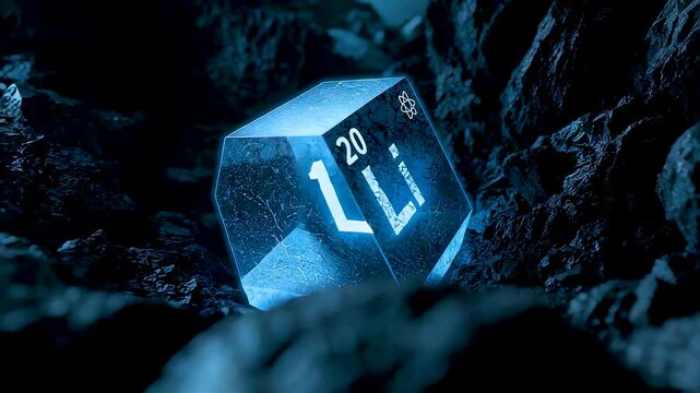 Glowing lithium element cube resting on dark rocky surface highlighting advanced material science energy storage and modern chemistry concept