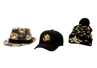 Black Hats with Gold Embroidered Designs.