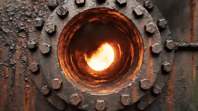 A close-up shot captures the fiery orange glow of intense heat burning inside the rusty industrial boiler door, surrounded by heavy metal bolts in an old factory mechanism.