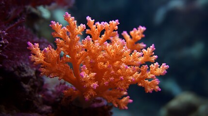 A vibrant orange coral with pink tips grows underwater on a coral reef