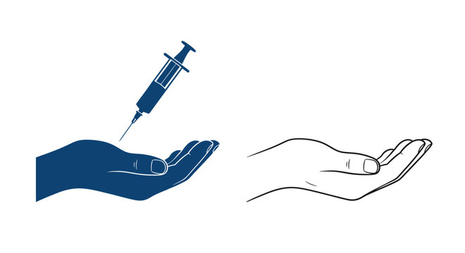 A blue sketch depicts a syringe poised above an open hand alongside a line drawn hand