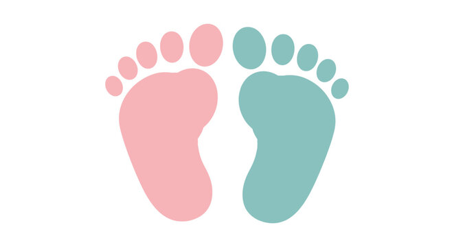 Two baby footprints are displayed one pink and one teal against a white background