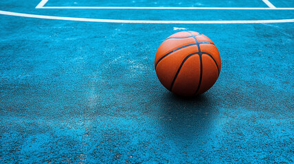 A basketball is placed on the blue outdoor court.