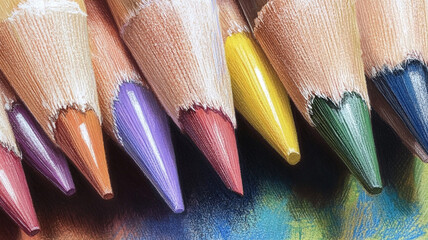 A close-up of the tips and color heads on colored pencils.