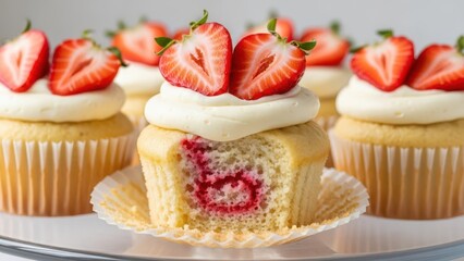 Delicious strawberry cupcakes with creamy frosting and a surprise raspberry filling revealed in a bitten cupcake, dessert assortment