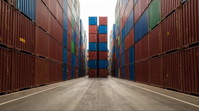 Exploring industrial container yard: symmetrical rows and towering structures amidst logistics hub