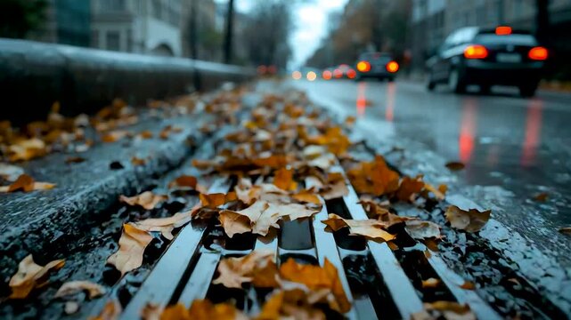 Autumn leaves scattered along wet city street drain with passing cars and reflections creating moody urban atmosphere after rainfall