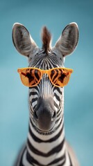 Fototapeta premium Zebra posing for a portrait wearing trendy orange sunglasses, creating a humorous and fashionable concept highlighting personality and individual style against a soft blue background