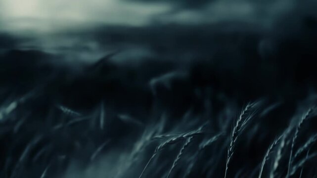 Grain stalks bending in fierce wind across a dark, moody field, evoking change, resilience and uncertainty beneath a brooding overcast sky on rural farmland