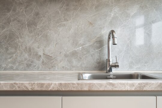 Contemporary kitchen sink area featuring a polished metal faucet against a marble backsplash