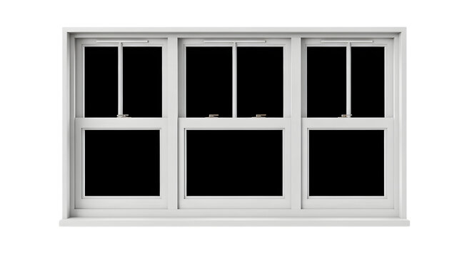 Three section white framed double hung windows with six over six panes isolated on a transparent background