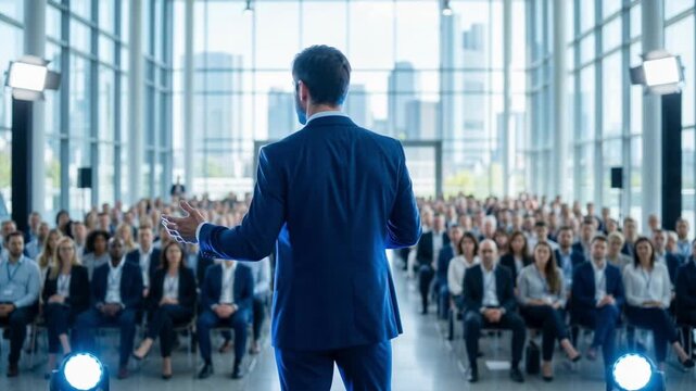 Rear view of a keynote speaker addressing a large audience at a corporate conference. Professional giving a presentation on stage in a modern hall with city skyline views. Leadership concept