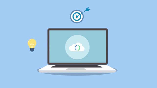 Flat animation of a laptop with cloud sync icon, target, lightbulb, and growth chart, representing artificial intelligence, cloud data synchronization, digital analytics, and business growth.

