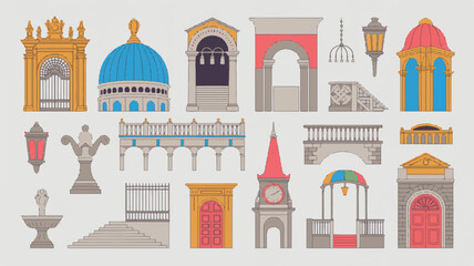 Fototapeta premium Set of classic and modern architectural elements as colorful vector silhouettes with bold outlines