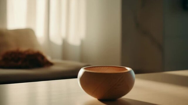 Wooden bowl sitting on a light wooden table, catching warm afternoon sunlight filtering through a window, casting soft shadows across the peaceful interior setting