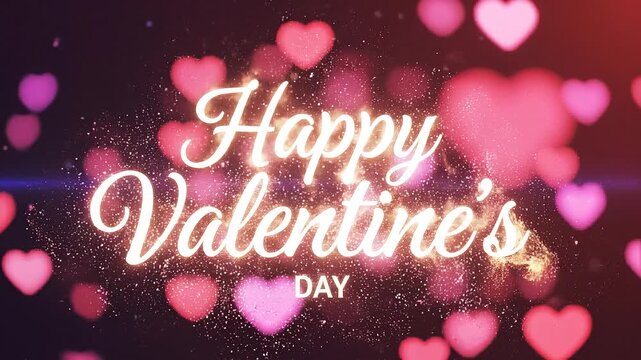 Happy Valentines Day elegant script text with glowing particles and soft pink heart bokeh