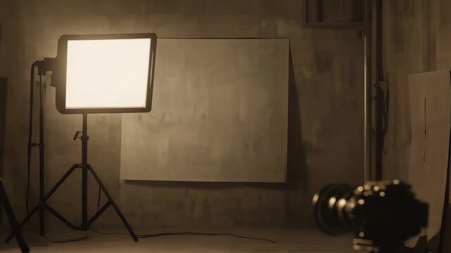 Professional camera equipment positioned on a tripod, recording a studio setup with a large softbox light illuminating a plain backdrop, conveying a vintage production atmosphere