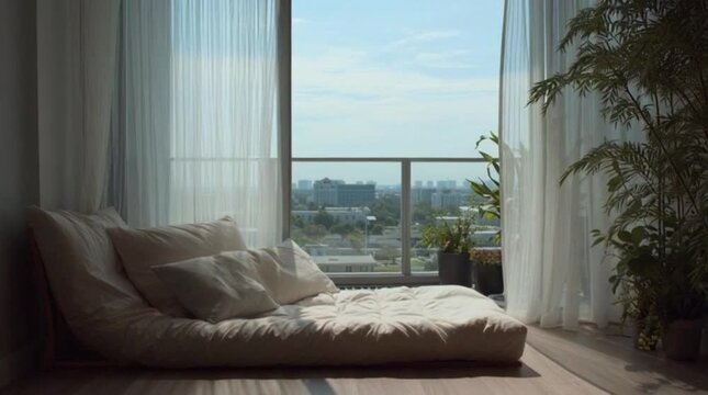 Cozy futon view bright modern apartment balcony city panorama