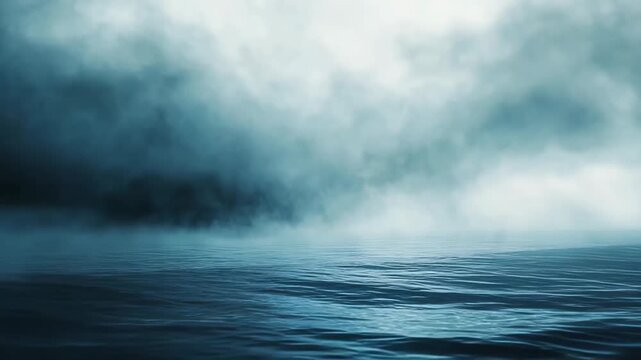Ocean water reflecting the dramatic atmosphere, with dark clouds and thick fog covering the horizon, creating a sense of mystery, isolation, and the powerful, unpredictable forces of nature