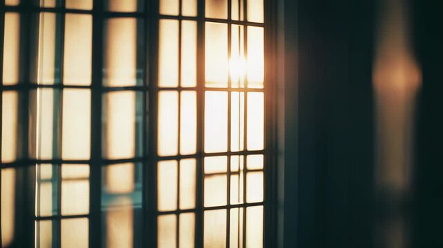 Golden sunlight streaming through a gridded window, creating parallel light and shadow patterns on an interior wall, symbolizing hope, introspection, and new beginnings