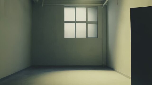 Empty room featuring a large window letting in natural light, creating a dark, minimalistic, and somewhat desolate interior space, symbolizing beginning, loneliness, or isolation