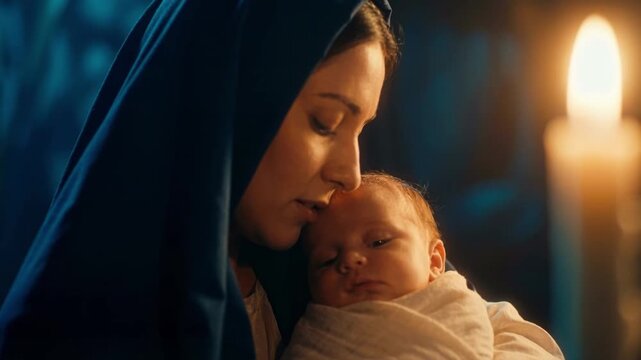 Virgin Mary holding baby Jesus in a cinematic nativity scene. Mother and newborn infant wrapped in swaddle by candlelight. Religious Christmas and holy birth concept