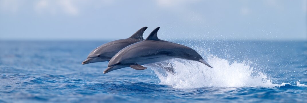 Two dolphins are jumping out of the water