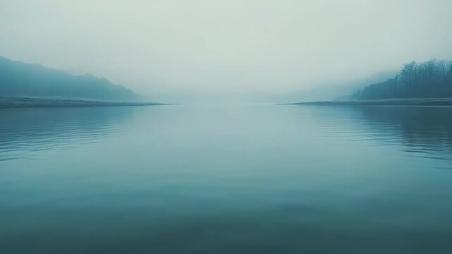 Still water with gentle ripples reflecting a serene landscape with distant fog shrouded hills and shoreline trees creating a peaceful, mysterious, and tranquil natural atmosphere