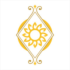 Golden sun icon with ornamental rhombus frame Vector