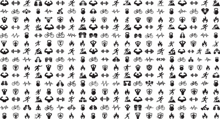 Collection of various fitness and sports icons on white background