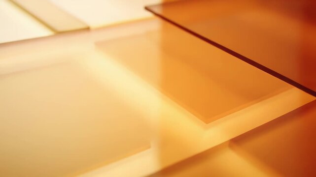 Translucent amber and yellow panels overlap to form a warm, layered abstract background with soft light and shadow gradients, smooth texture and elegant geometric depth