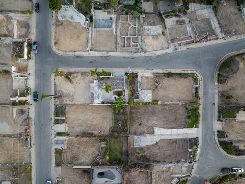 Aerial view of empty plots and roads create a geometric pattern, a silent testament to urban transformation, Los Angeles, California, United States.