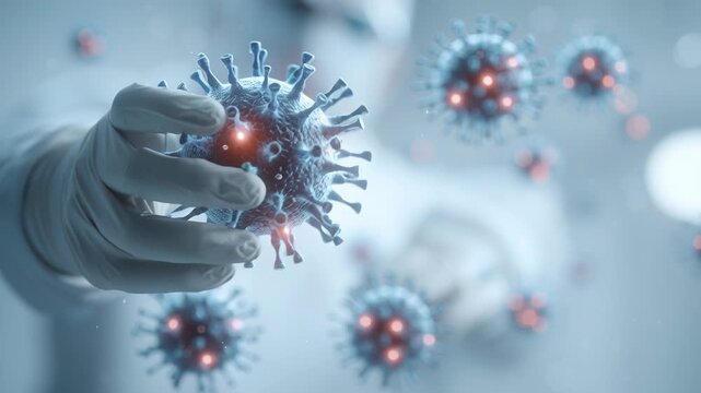 Infectious disease safety concept art, controlled virus elements surrounded by medical protection visuals, soft lighting, neutral clinical background, realistic scientific detail