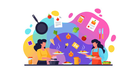 Naklejka premium Two women present plated meals surrounded by floating cooking ingredients, utensils, and recipe documents in a dynamic kitchen scene.
