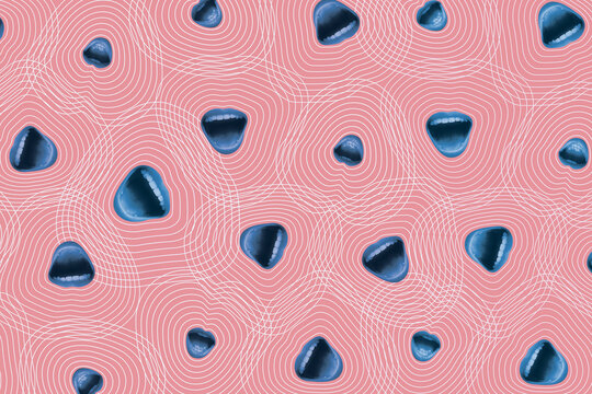 Surreal Pop Art Pattern of Blue Open Mouths Screaming on Pink Background with White Concentric Lines Representing Sound Waves and Expression