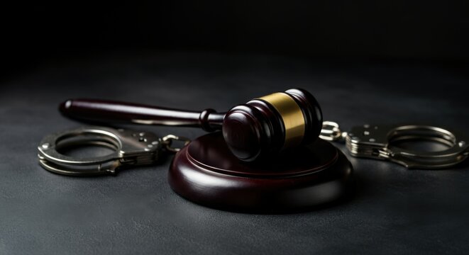Judge gavel with handcuffs on dark surface representing justice and law