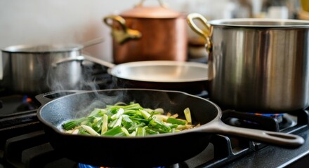Vegetables saut&eacute;ing in a frying pan on a hot kitchen stove during dinner prep