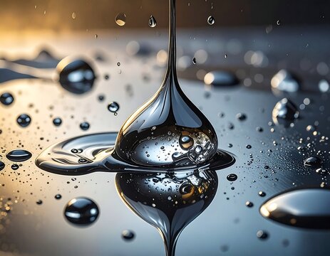 A close-up of a single drop of liquid falling onto a reflective surface