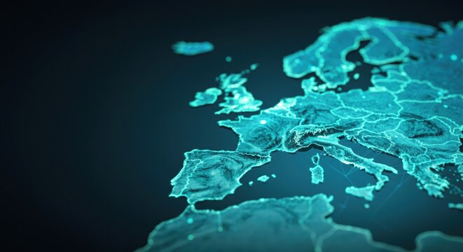 Map of Europe illuminated in teal with glowing borders on a dark background