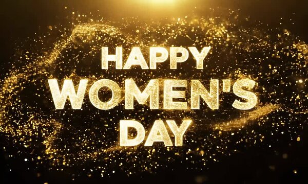 Black Background with Glitter Effects and Golden Happy Women's Day Text Video
