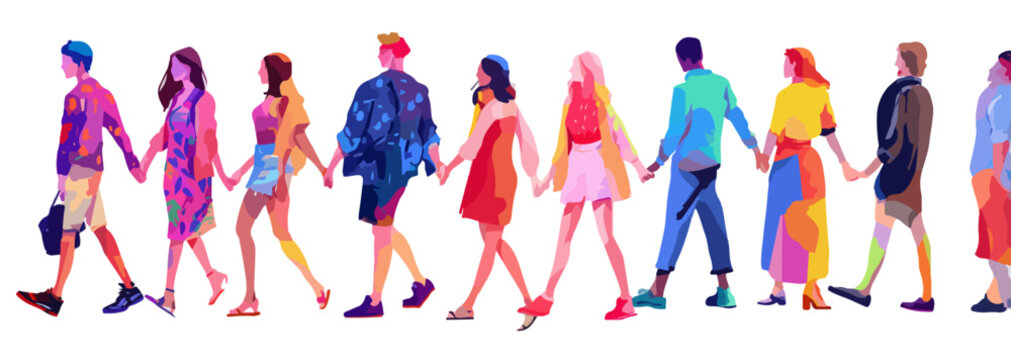 Ilustra&ccedil;&atilde;o vibrante de indiv&iacute;duos diversos, de m&atilde;os dadas e caminhando juntos, representando uni&atilde;o e progresso em um fundo transparente.