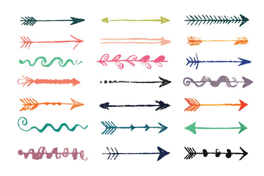 Cole&ccedil;&atilde;o de setas r&uacute;sticas desenhadas &agrave; m&atilde;o em estilo doodle, perfeitas como elementos de design gr&aacute;fico com fundo transparente.