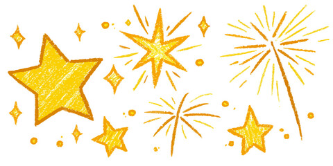 Obraz premium Ilustração vetorial desenhada à mão de estrelas douradas, brilhos e fogos de artifício, perfeita para celebrações e design festivo.