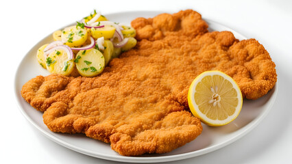 Breaded and fried meat cutlet with potato salad and lemon on a white plate ready to eat