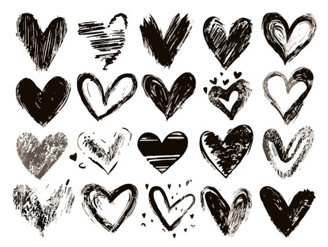 Cole&ccedil;&atilde;o de cora&ccedil;&otilde;es desenhados &agrave; m&atilde;o com textura grunge, ideais para design gr&aacute;fico, simbolizando amor e paix&atilde;o em estilo art&iacute;stico.