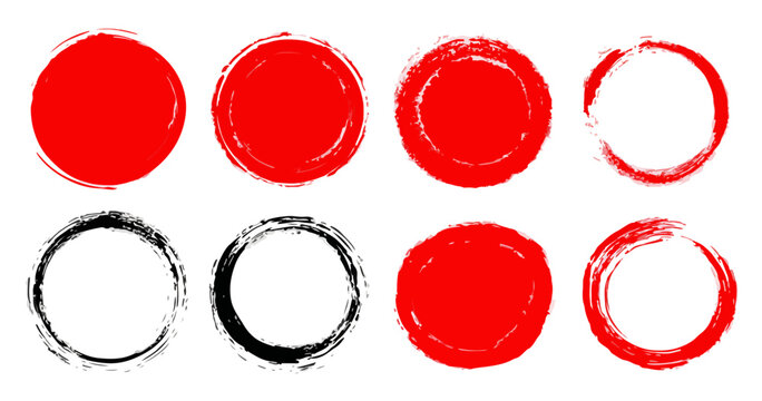 Cole&ccedil;&atilde;o de oito selos e molduras circulares grunge vermelhas e pretas com textura de pincelada, ideais para design gr&aacute;fico transparente.